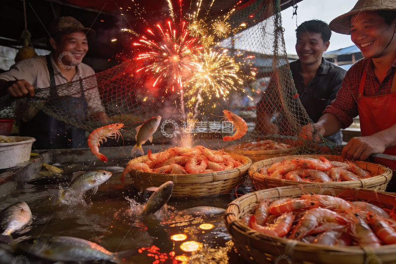 高清大图下载【趣麦麦图】渔民捕虾烟花绽放欢乐场景