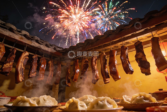 夜空烟花下晾晒的腊肉与饺子