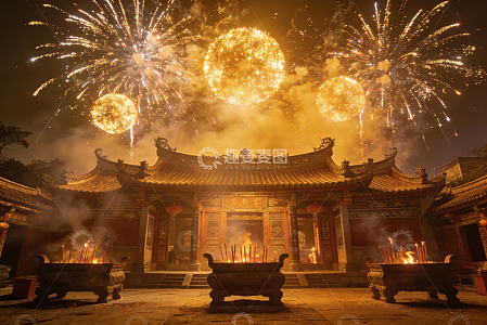 夜空烟花映照古庙祈福