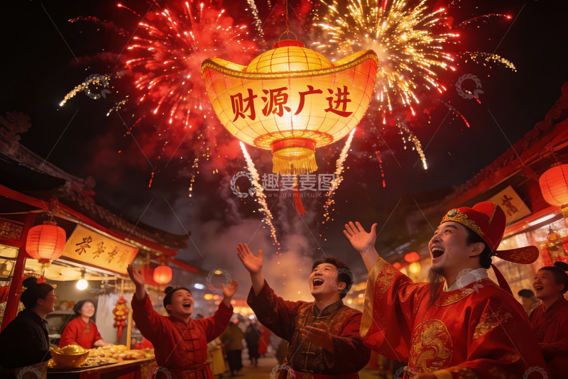 高清大图下载【趣麦麦图】烟花灯笼映夜街欢庆场景