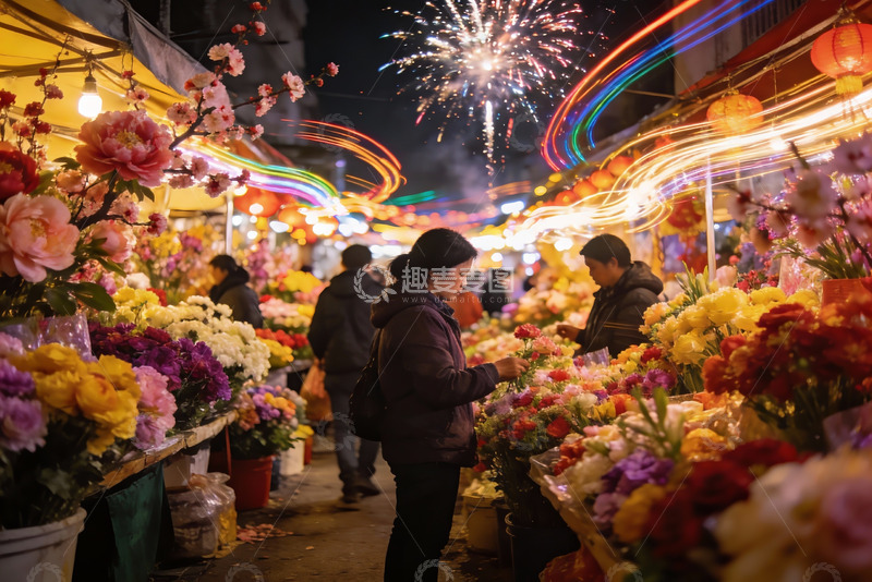 高清大图下载【趣麦麦图】夜市花摊烟花绽放热闹非凡