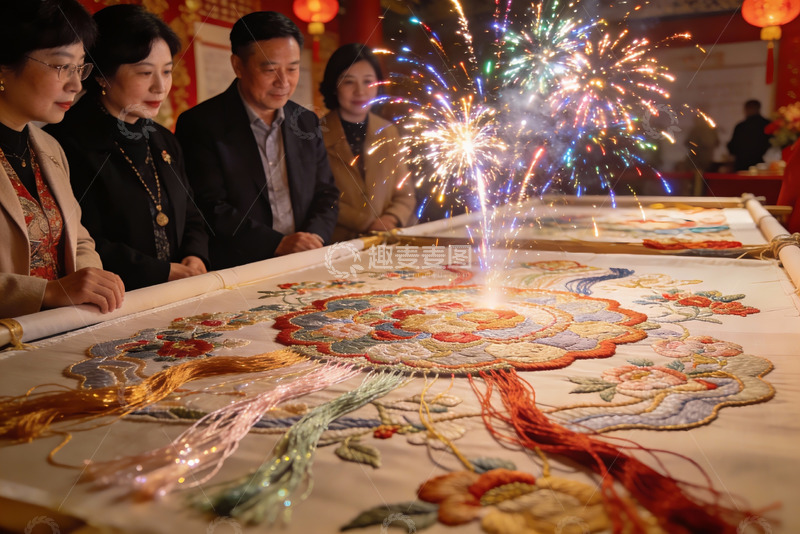 高清大图下载【趣麦麦图】烟花映衬下的精美刺绣展示