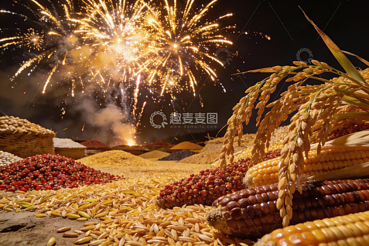 烟花下的丰收谷物夜景