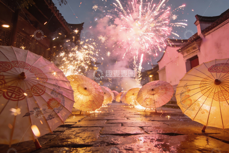 高清大图下载【趣麦麦图】古街夜放烟花伞