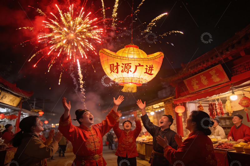 高清大图下载【趣麦麦图】烟花灯笼映衬欢庆夜市