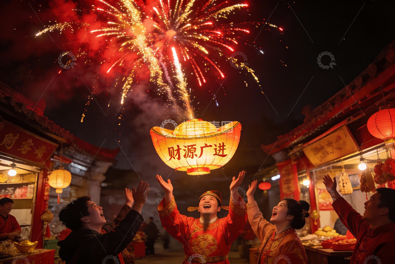 高清大图下载【趣麦麦图】烟花璀璨夜市欢庆迎新春