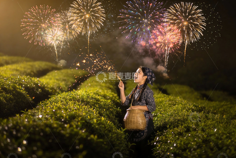 高清大图下载【趣麦麦图】女子茶园夜放烟花