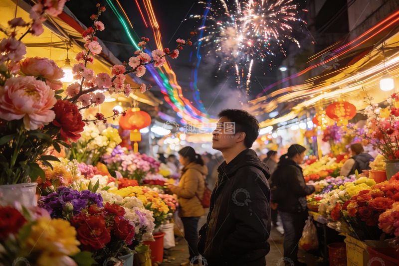 高清大图下载【趣麦麦图】夜市花摊烟花绽放热闹非凡