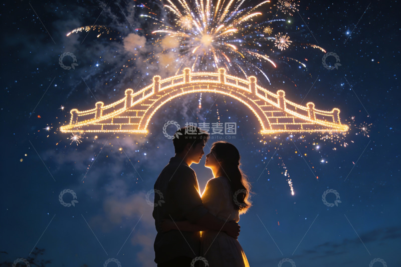 高清大图下载【趣麦麦图】情侣夜空烟花桥下相拥