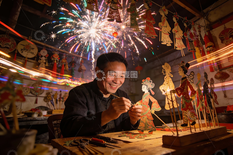 高清大图下载【趣麦麦图】匠人制作皮影戏偶烟花绽放