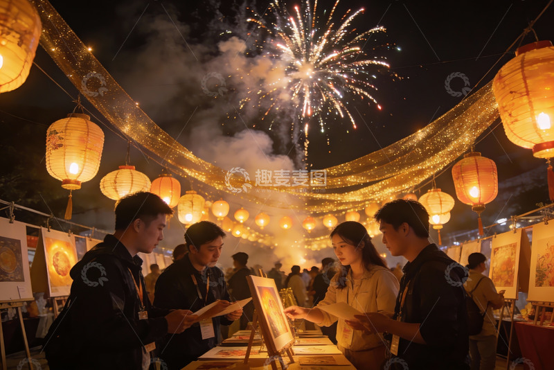 高清大图下载【趣麦麦图】夜市灯笼烟花下艺术展览