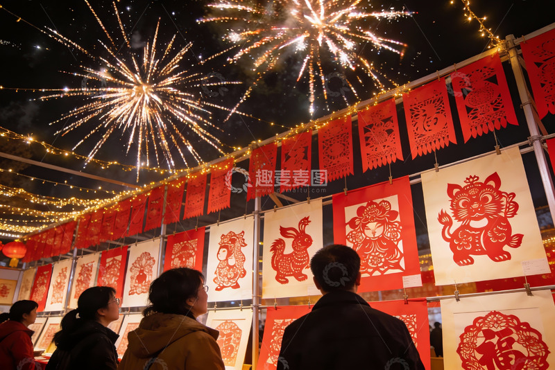 高清大图下载【趣麦麦图】烟花下观赏剪纸艺术