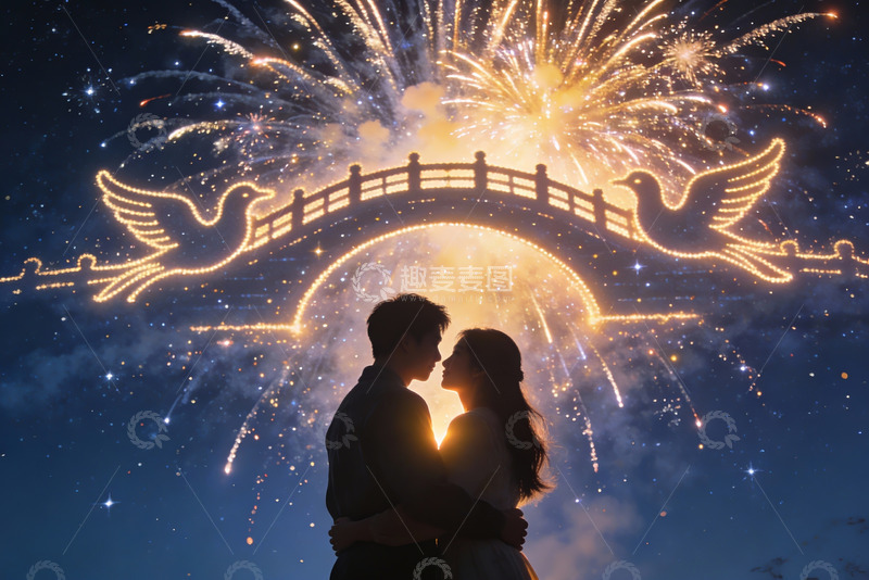 高清大图下载【趣麦麦图】烟花下情侣相拥浪漫夜景