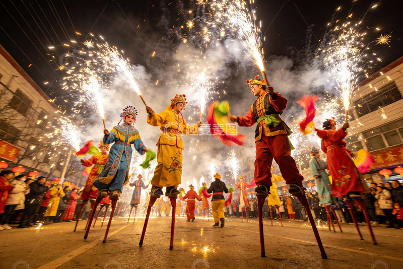 高清大图下载【趣麦麦图】夜街踩高跷烟花表演热闹非凡