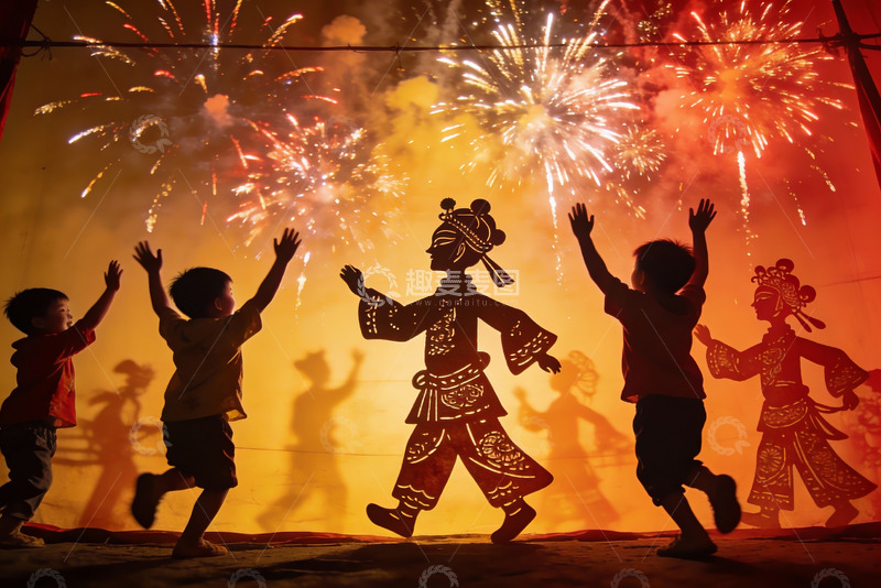 高清大图下载【趣麦麦图】烟花下皮影戏与孩童剪影