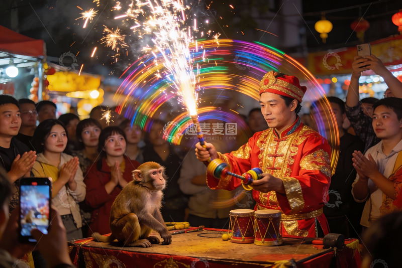 高清大图下载【趣麦麦图】烟花表演与猴子互动热闹场景