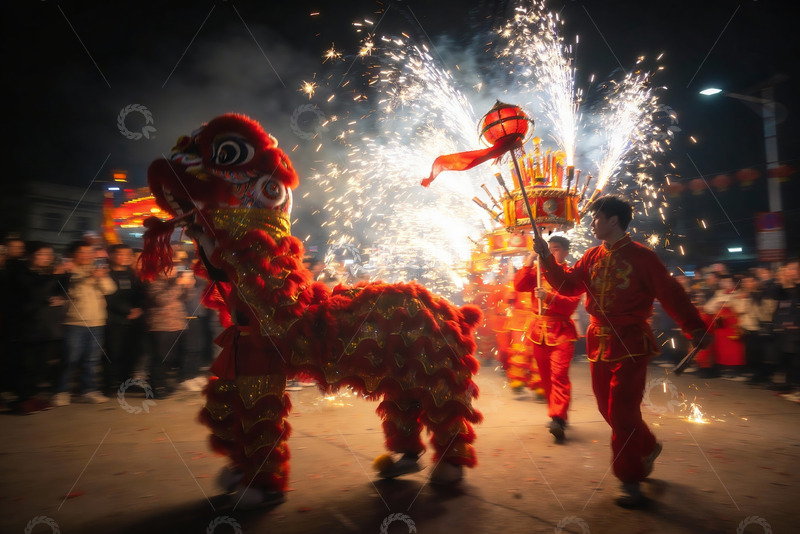 高清大图下载【趣麦麦图】夜场舞狮烟花表演热闹非凡