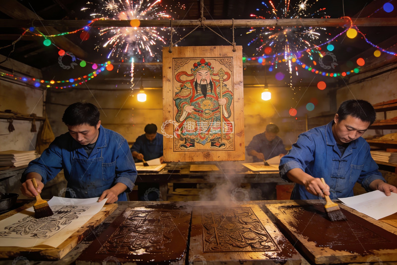 高清大图下载【趣麦麦图】工匠制作传统木版年画