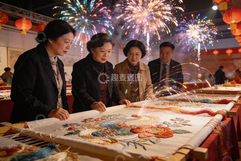 高清大图下载【趣麦麦图】烟花下众人观赏精美刺绣作品