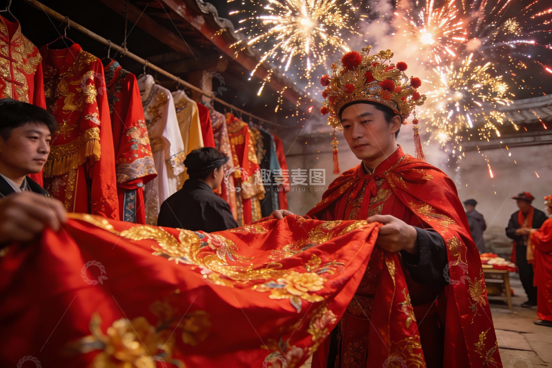 高清大图下载【趣麦麦图】传统婚礼服饰展示烟花绽放