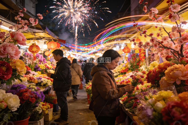 高清大图下载【趣麦麦图】夜市花摊烟花绽放热闹非凡