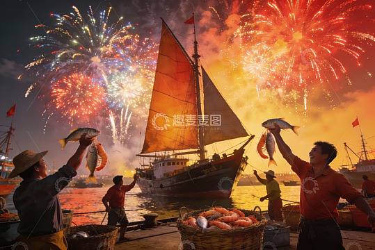 渔港夜景烟花绽放渔民丰收