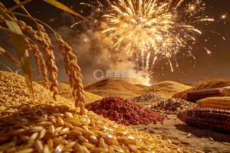 高清大图下载【趣麦麦图】丰收夜景烟花璀璨