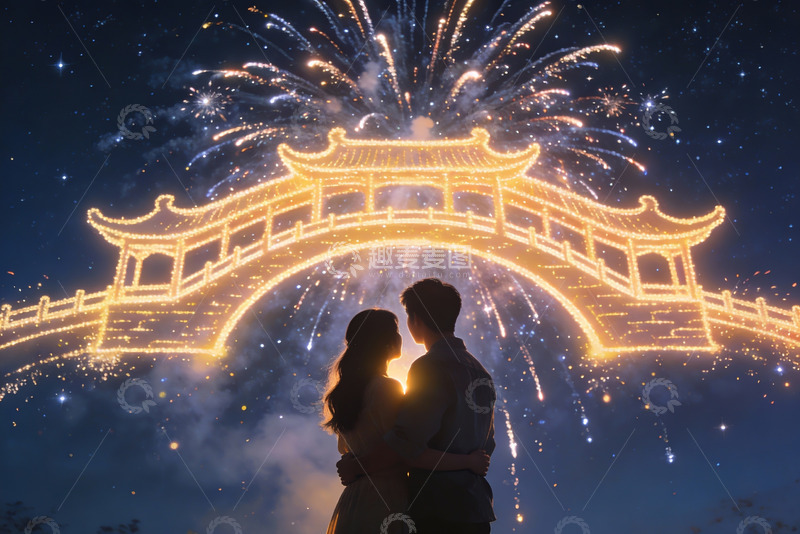 高清大图下载【趣麦麦图】情侣夜赏烟花古桥