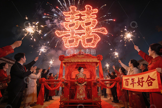 中式婚礼夜放烟花庆双喜