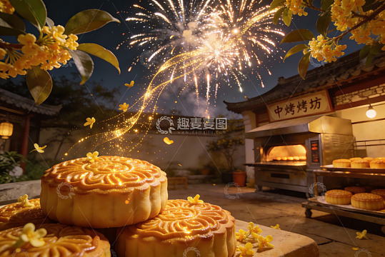 中秋夜花灯月饼与烟花