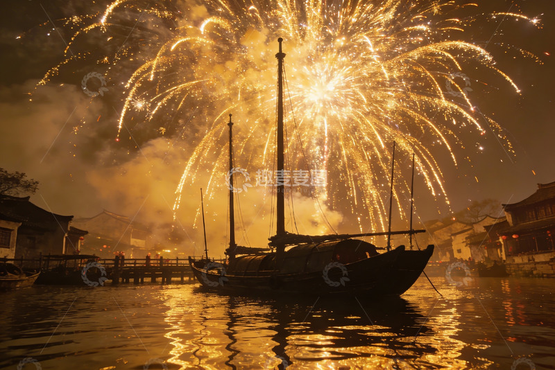 高清大图下载【趣麦麦图】夜幕江畔烟花璀璨古船静泊