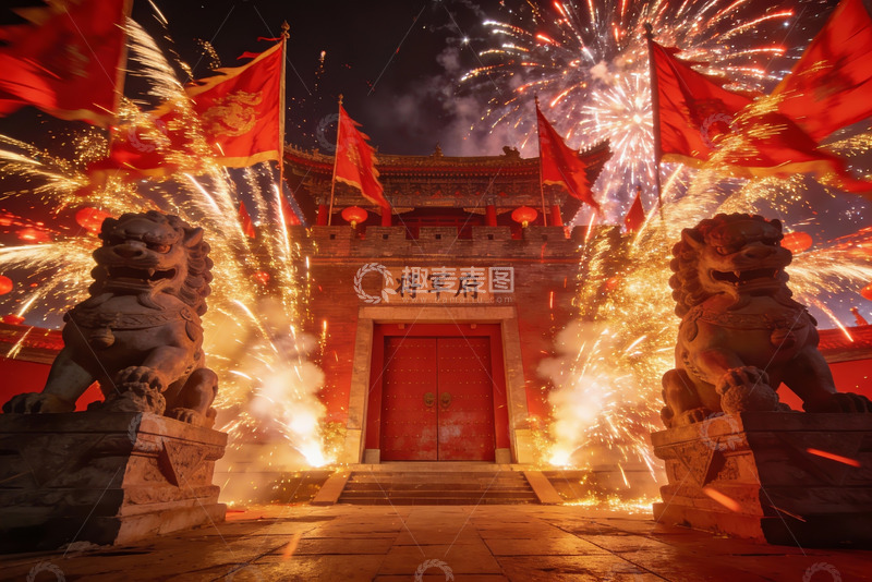 高清大图下载【趣麦麦图】夜空烟花映照古建筑大门