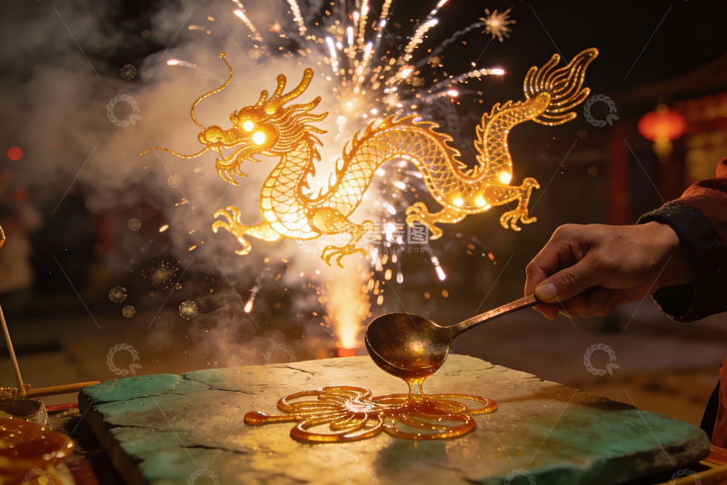 高清大图下载【趣麦麦图】龙形糖画与烟花夜景