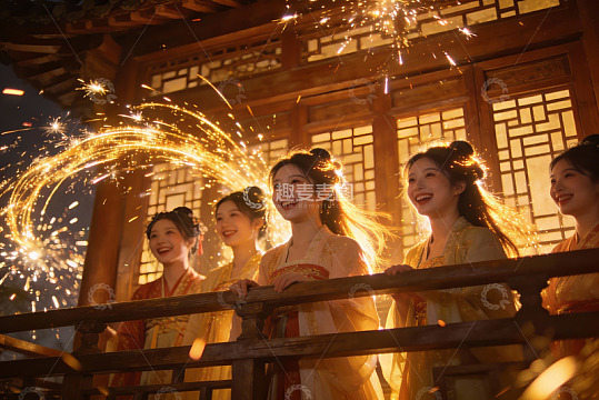 古装女子夜景烟花合影