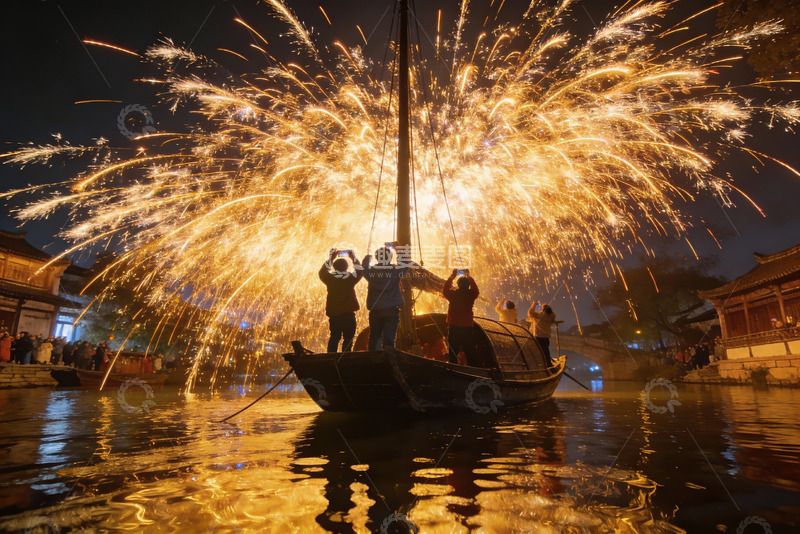 高清大图下载【趣麦麦图】夜游船上烟花绽放游客拍照