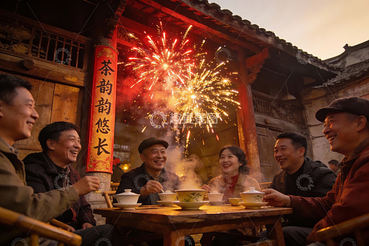 烟花下围坐品茶欢聚一堂