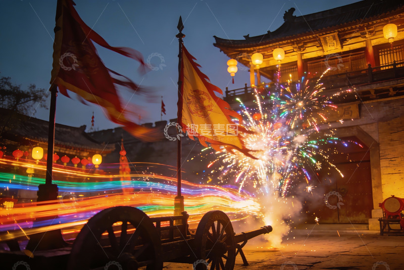 高清大图下载【趣麦麦图】古建筑前烟花与旗帜夜景