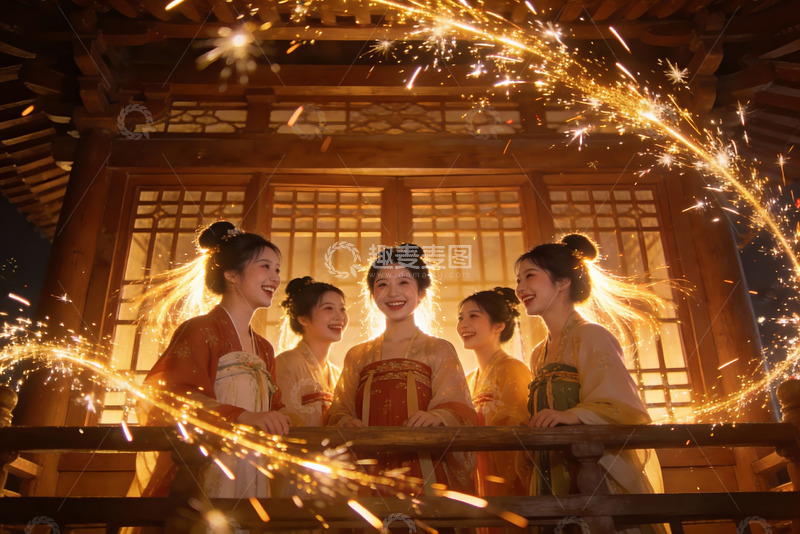 高清大图下载【趣麦麦图】古装女子夜景欢聚火花飞舞