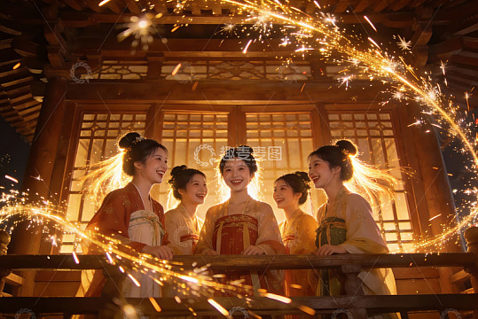 古装女子夜景欢聚火花飞舞