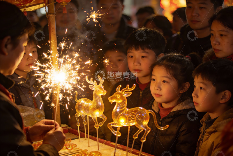 高清大图下载【趣麦麦图】儿童围观手持烟花与发光鹿灯