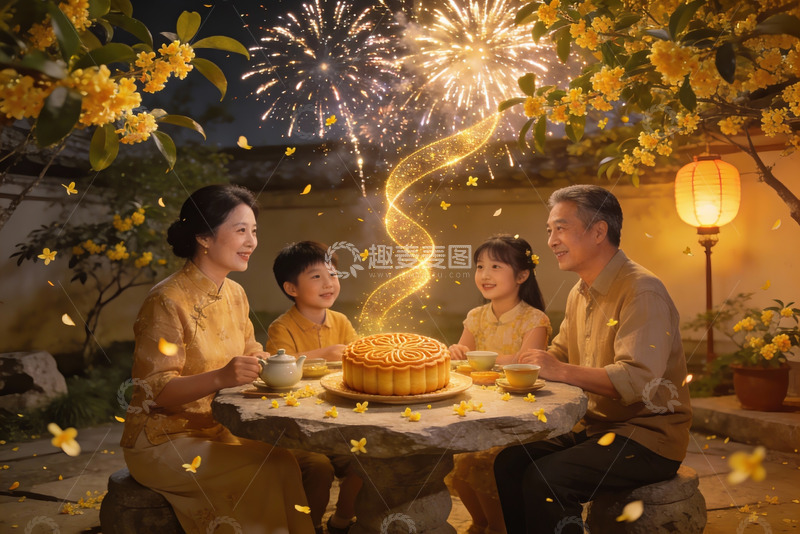 高清大图下载【趣麦麦图】中秋夜庭院家人赏烟花