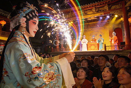 传统戏曲表演烟花绽放
