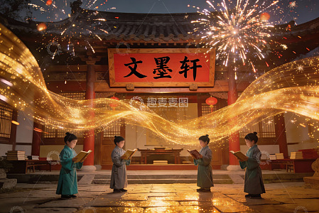 古风庭院烟花下孩童读书