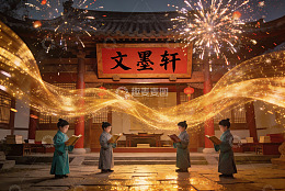 古风庭院烟花下孩童读书
