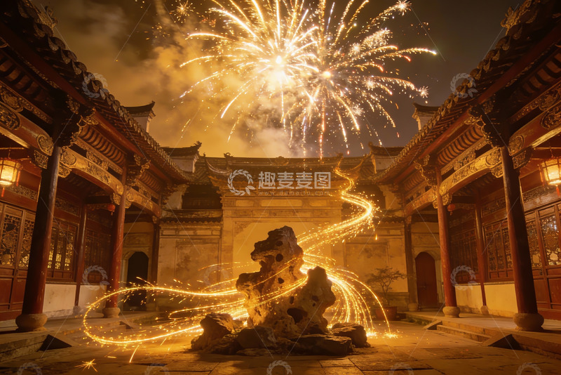 高清大图下载【趣麦麦图】古建筑庭院夜放烟花