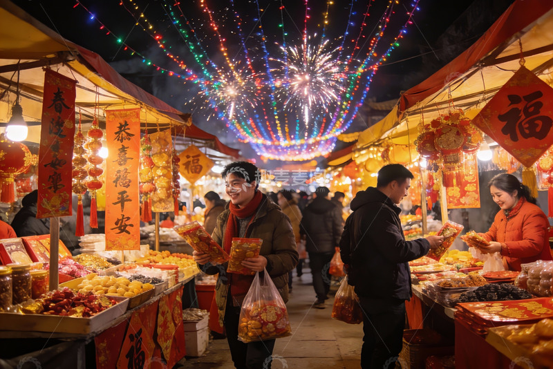 高清大图下载【趣麦麦图】夜市烟花下热闹购物场景