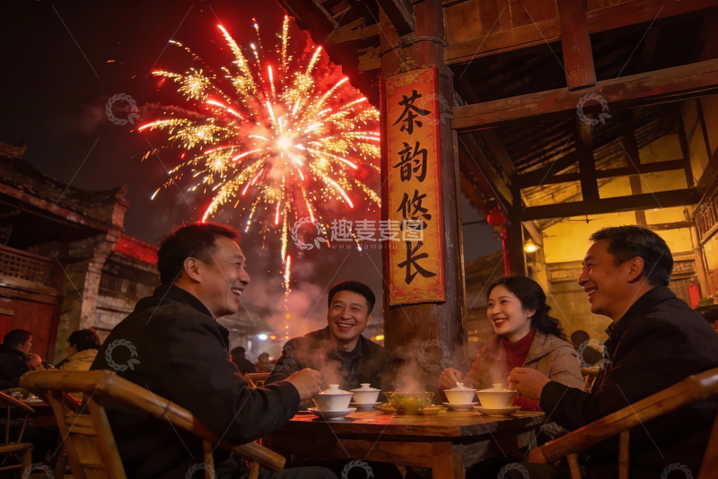 高清大图下载【趣麦麦图】-夜宴烟花下四人欢聚