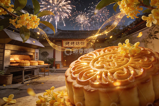 中秋夜烟花下的月饼与桂花