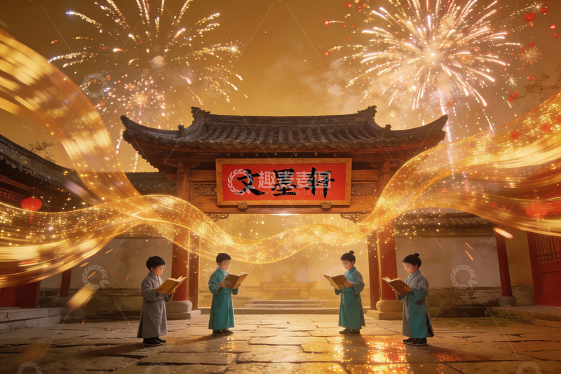 高清大图下载【趣麦麦图】古建筑前孩童诵读烟花绽放