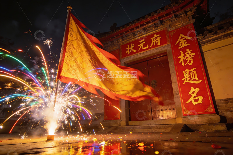 高清大图下载【趣麦麦图】夜幕下古建筑前烟花绽放